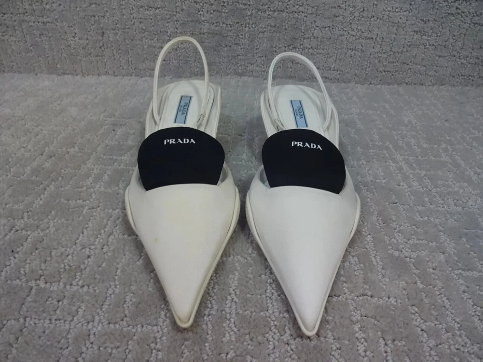 Prada Nylon Kitten Heel Logo Slingback Pumps Size 36.5 EU White Black - Image 2 of 4