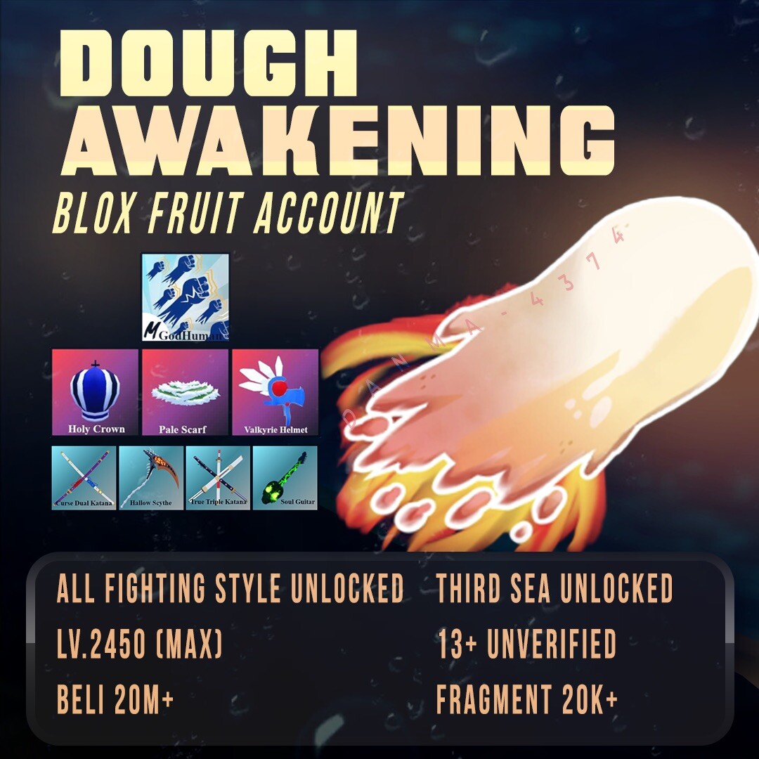 Blox Fruit Dough Awakening Fruit(TTK+HS+CDK+SG)Max Lvl + 20M Beli