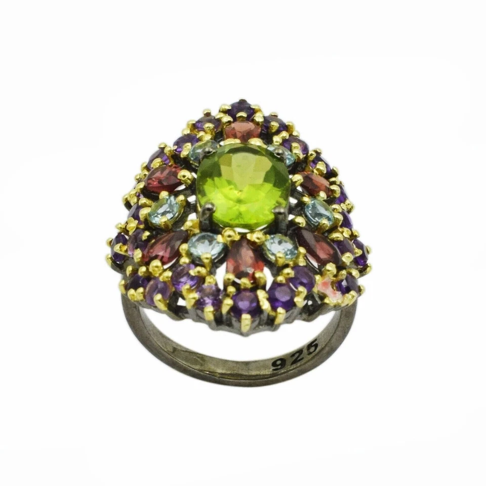 Natural Peridot 925 Sterling Silver Multi Gemstone Cluster Ring Wedding Jewelry - Image 4 of 4
