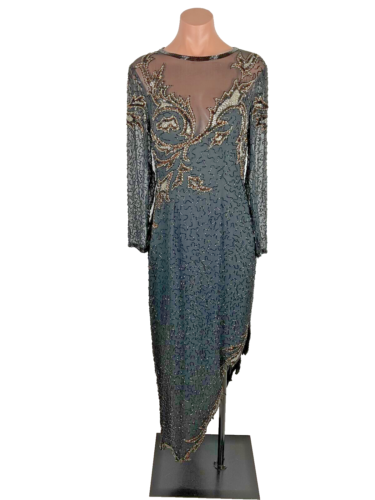 Vintage Sequin Beaded Silk Dress By Designer AJ Bari Women’s Size 8 - Picture 1 of 15