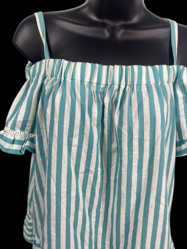Vintage 80er Off Shoulder Top Shirt blau grün weiß Streifen Preppy Coastal 14 XL - Bild 4 von 12