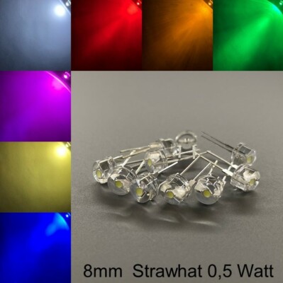 8mm LEDs Strawhat 200° 0,5 Watt alle Farben inkl. Widerstände Leuchtdioden LED