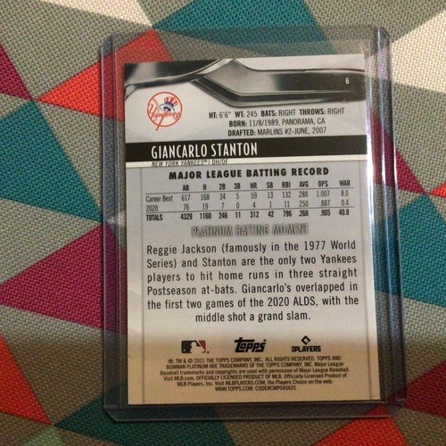 Giancarlo Stanton yankees pink 076/199 made - 2021 Bowman Platinum #6 - Picture 2 of 2