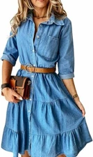 Womens Retro Lapel Collar Ruffle Pleats Tiered Midi A-Line Chambray Dress w Belt