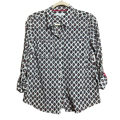 Foxcroft Top Womens 10P Multicolor Boho Print Button Up Shirt Roll Tab Sleeves