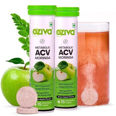 Pack of 2 x OZiva ACV Moringa For Weight Loss Effervescent Tablets /Green Apple.