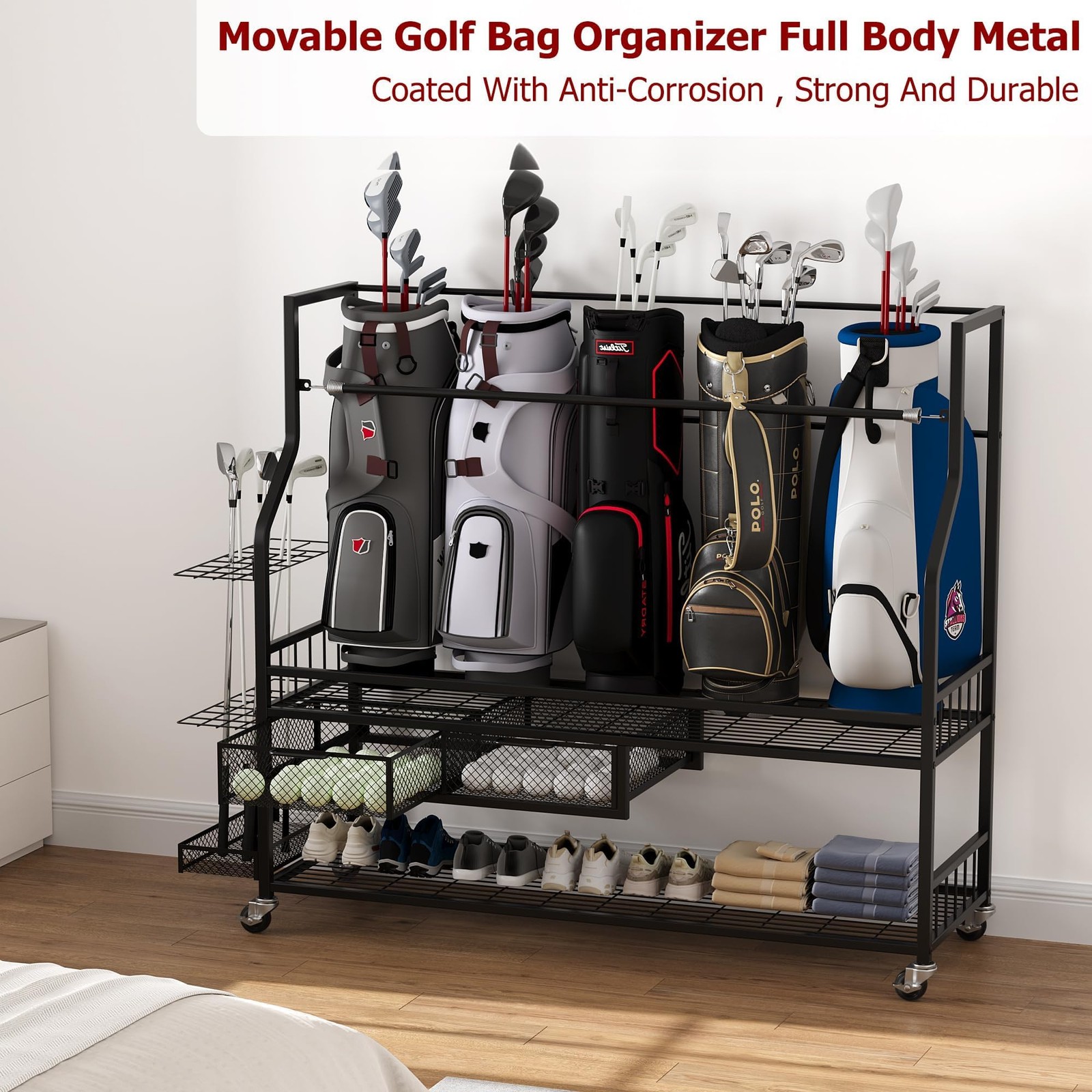Bag Storage Garage Organizer Rack With Wheels Fit 5 Bags Met