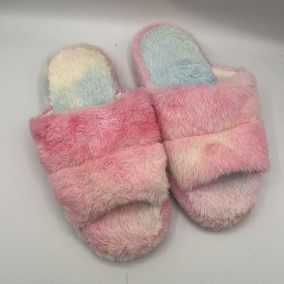 fuzzy slippers women M 7-8 Pink Blue And White Very Soft