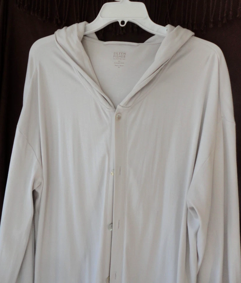 Eileen Fisher Sleepwear XL Hooded Robe - Organic Pima Cotton Pale Gray EUC - Image 3 of 4