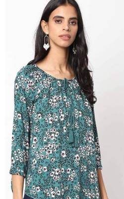Matalan papaya sz 14 green Blue tunic top floral print circular flounce sleeve