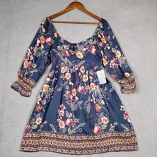Angie Mini Dress Womens L Blue Multi Floral Smocked Off The Shoulder Cottage NWT