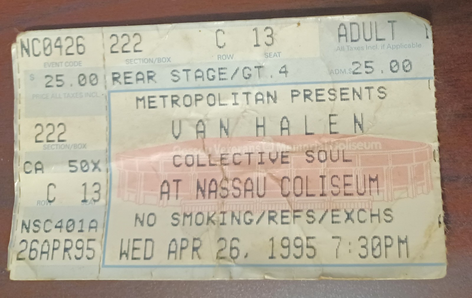 1995 Nasau Coliseum Concert Ticket Stub Van Halen / Collective Soul