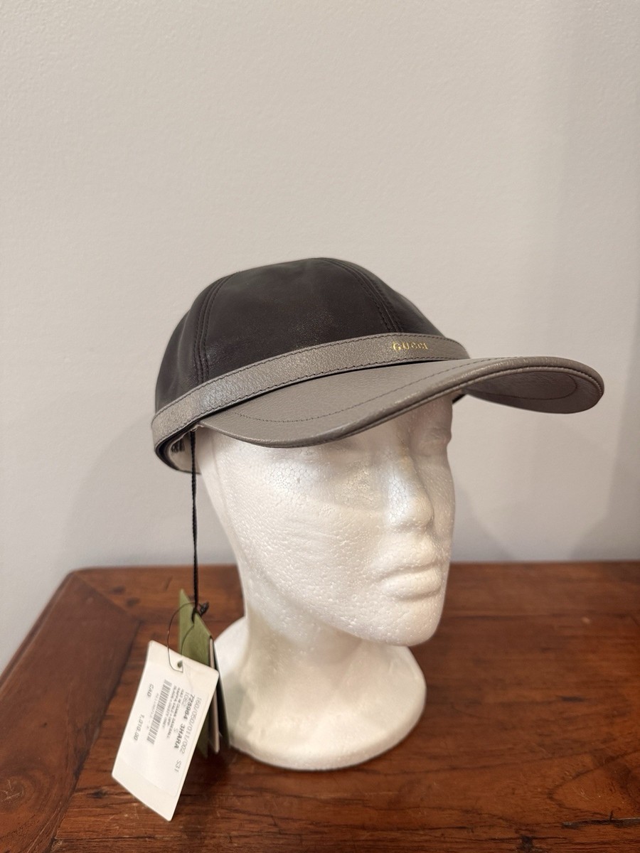 Authentic Gucci Logo Leather Diana Baseball Cap Hat Black Gray