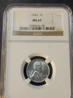 :1943-P 1C LINCOLN STEEL CENT NGC MS67 BRIGHT & SHINING RARITY R2 HIGHEST GRADES
