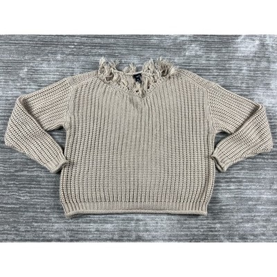 rue21 Sweater Women S/M Tan Beige Frayed V-Neck Shaker Knit Pullover Relaxed Fit