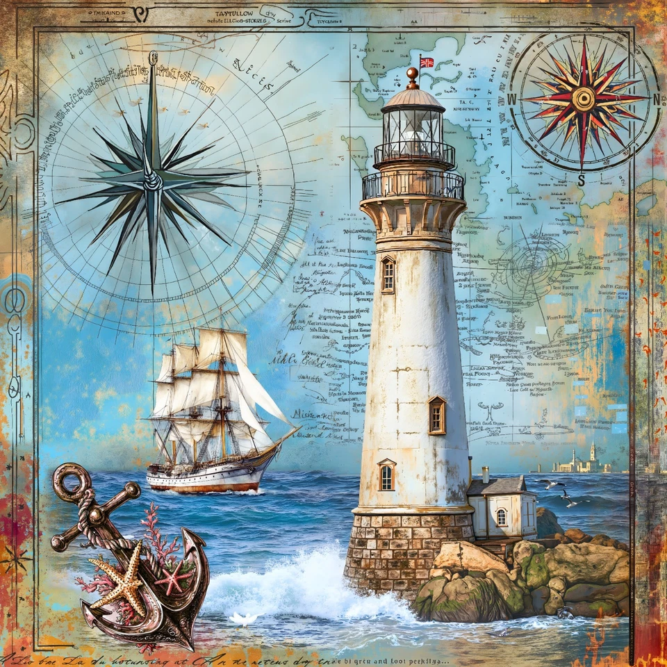 Faro cortina de ducha náutica vintage, diseño de velero, torre costera del océano Foto 3 de 4