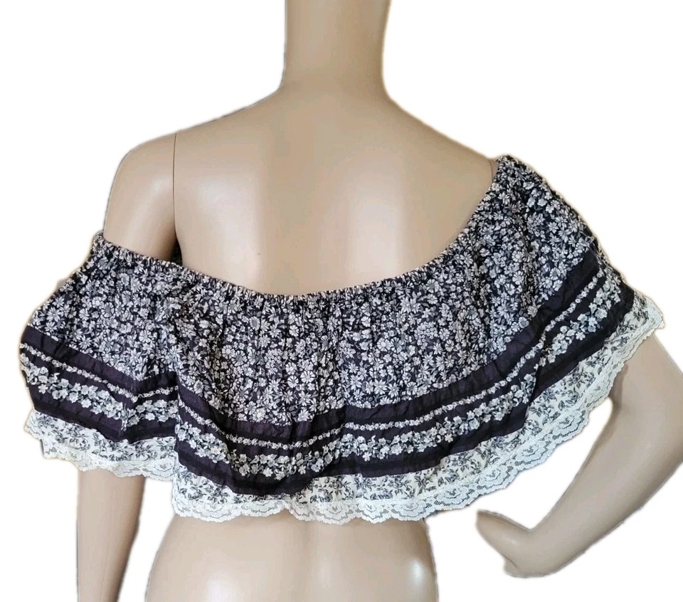 Vintage 1960 Off Shoulder Crop Top Bardot Style Navy Floral Lace Peasant Boho XS - Image 3 of 4