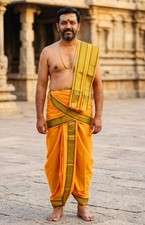 Men's Golden Yellow Cotton Dhoti  Angavastram Set With Thread Border
