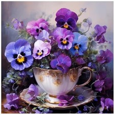 5D Flowers Diamond Art Kits for Adults, Pansy Teacup Diamond Painting Kits
