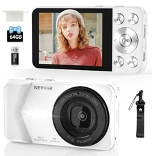 4K Digital Camera,  64MP Point and Shoot Digital Camera with Autofocus, White