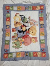 Vtg Blue Jean Teddy Bear Toys Finished Baby Comforter/Blanket/Quilt