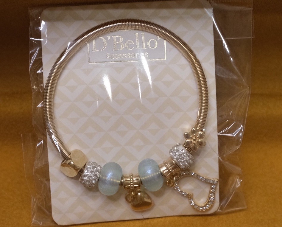 D'Bello Gold & Blue Beaded Snake Chain Charm Bracelet with Heart Dangle