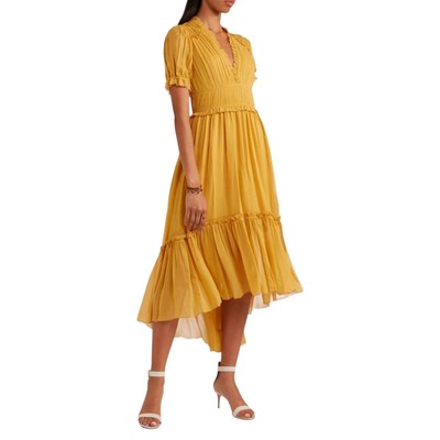 Ulla Johnson Midi Dress Sonja Honey Ruffled Chiffon Size 0 Short Sleeve V-Neck