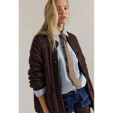 Free People Brown Cardigan Sweater Small Chunky French Roast Raye Relaxed NWT