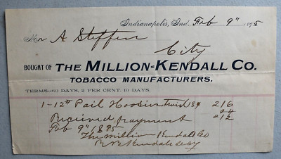 The Million Kendall Tobacco Co. ~ Vintage 1895 LETTERHEAD ~ Indianapolis Indiana