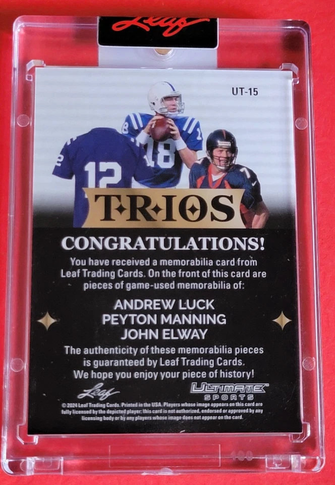 TARJETA JERSEY USADA DEL JUEGO PEYTON MANNING #d21/25 JOHN ELWAY ANDREW LUCK LEAF COLTS Foto 2 de 2