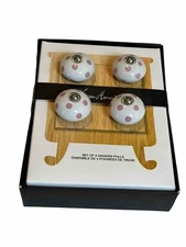Vatican Homes Set of 4 Ceramic Drawer Pulls White Pink Dot Silver French Country