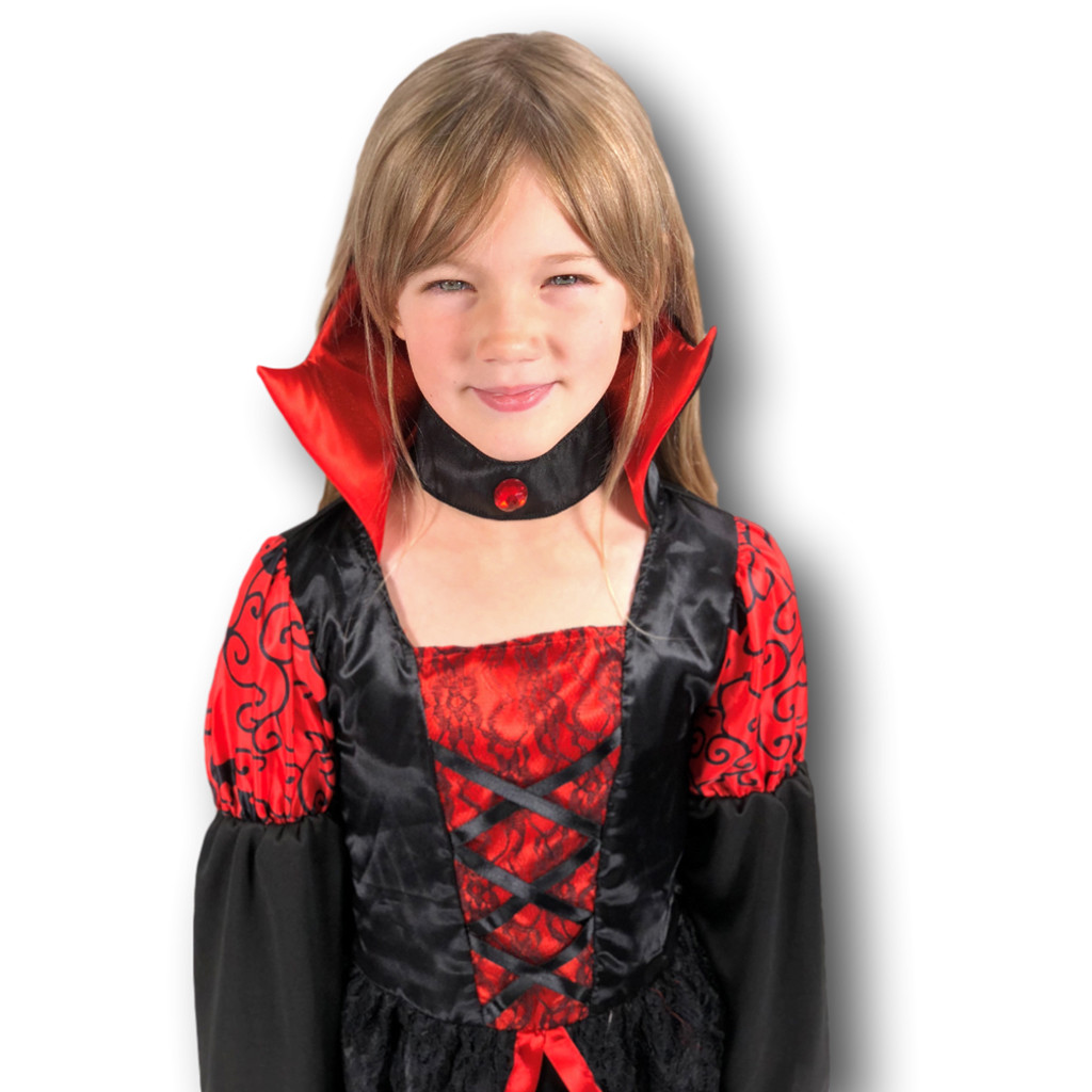 FFTANXS Costume Vampire Enfant Noir et Rouge, Vampire Avec Collier, Robe Gothique, Halloween Pour Carnaval, Fête à Thème, Dracula, Cosplay Party