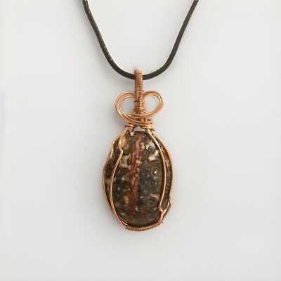 Leopardskin Jasper Gemstone Pendant 18 In. Copper Wire Jewelry With Black Cord
