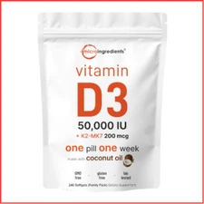 VITAMIN D3 Plus K2 MK-7 Vitamins D K Complex 50,000 IU 240ct MICRO INGREDIENTS