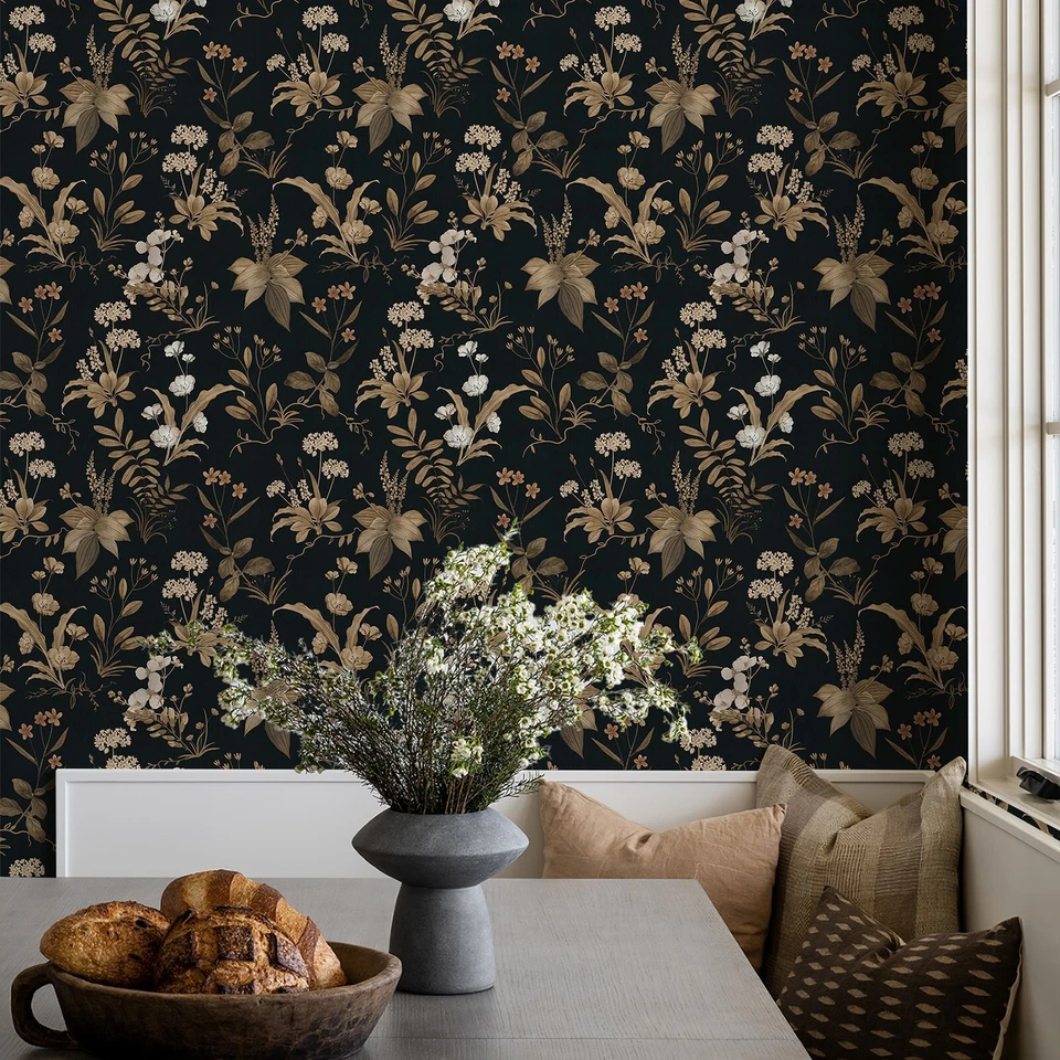 2 Rollos 17.3"X480" Negro Dorado Floral PVC Papel Pintado Pelar y Pegar Decoración Retro Foto 4 de 4