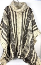 Vintage Handwoven Poncho With Cowl Neck Hippie Boho Brown  Cream OS Pre-Owned