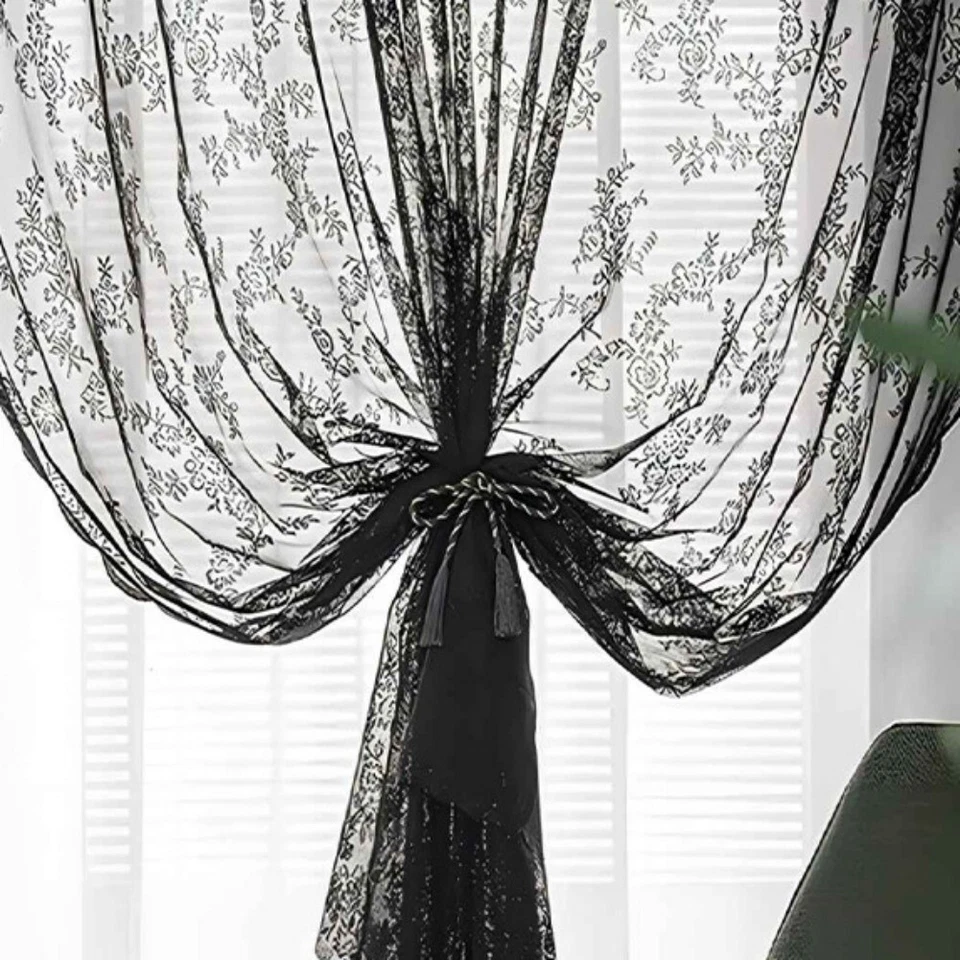 2 Paneles Vintage Paisley Transparente Cortina Panel Negro Cortinas Góticas Decoración Dormitorio Foto 3 de 4