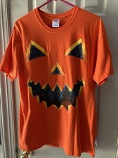 Fall Autumn Halloween Jack o Lantern Pumpkin Face Orange Cotton T-shirt Size L