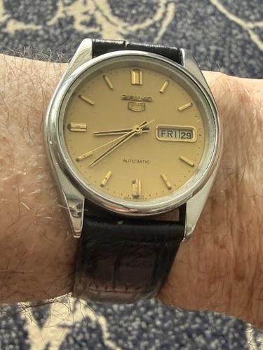 Vintage 1981 SEIKO 5 17J Auto 6309-8690 Golden Dial DD 37mm SS Men's Watch Works