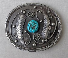 Vintage Indian Hand Made IHM Sterling Silver  Turquoise Oval Belt Buckle;Y134