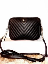 Victoria's Secret Black Quilted Crossbody Bag Zip Closure Gold Hardware Chain