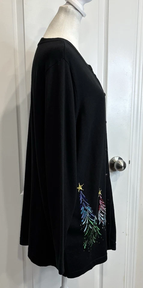 Quacker Factory Christmas Tree Cardigan L Black Sequin Embellished Holiday Cozy - Image 4 of 4