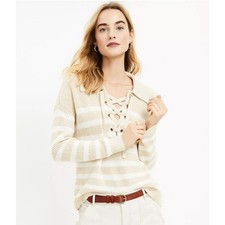 LOFT NEW Tan White Striped Lace-Up V-Neck Collared Sweater Women's Small