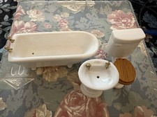 Vintage Miniature Dollhouse Bathroom Set Porcelain Tub Toilet Sink 1:12 Scale