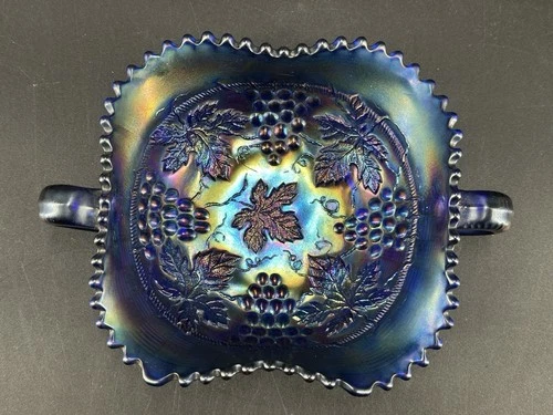 Super Electric Blue Northwood Carnival Glass Grape & Cable Bonbon