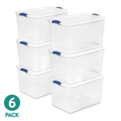 6 Pack Sterilite 66 Qt Clear Plastic Latching Storage Bin Tote w/ Lid Stackable