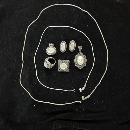 Vtg PAOLO ROMEO Sterling Silver/MOP 8 Pc Set PIN/PENDANTS/RING/EARRINGS/CHAINS