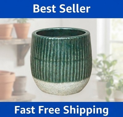 6'' Green Sable Ceramic Planter Ribbed Glazed Plant Pot with Drainage Hole
