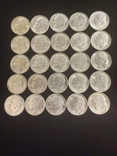 1959 Roosevelt Dimes 90% Silver 25 Coin lot AU/BU