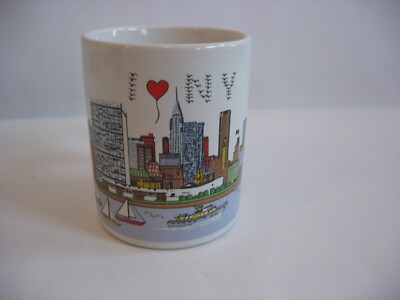 I LOVE NY coffee cup mug Hudson river Twin Towers Statue of Liberty Vtg souvenir